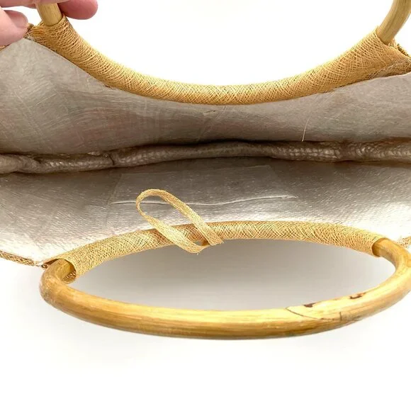 Jute or Straw Large Tote Round Cane Double Handles Orange Raffia Flowers - Picture 3 of 4